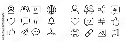 Collection of minimalist icons representing social media concepts and online interactions among users and communities