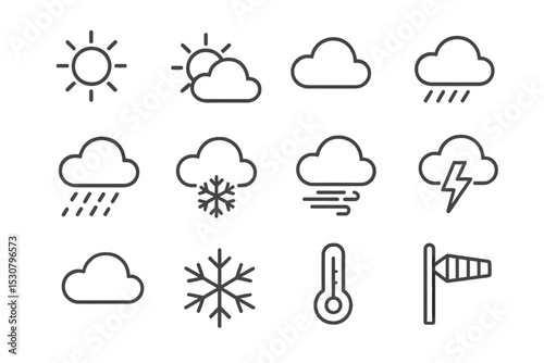 Weather icons representing various conditions including sun, rain, snow, and storms in a simple design