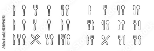 Collection of simple utensil line icons arranged in grid layout for food-related design needs