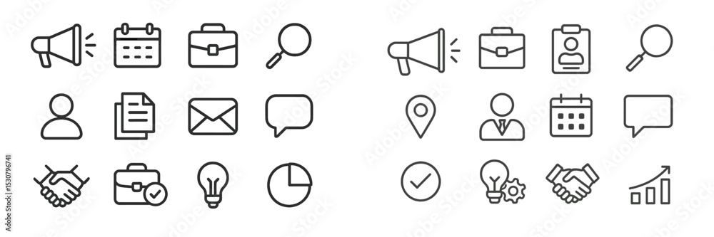 Fototapeta premium Collection of business and communication icons in a minimalistic style laid out in two rows on a light background