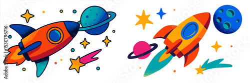 Colorful rocket ships flying through space with planets and stars in the background at a cartoonish style