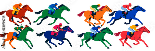 Colorful horse racing illustrated with dynamic jockeys competing on vibrant horses in a lively tournament atmosphere