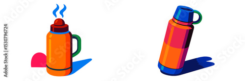 Brightly colored thermoses with steaming liquid sit on a minimalist backdrop showcasing their unique designs and vibrant hues