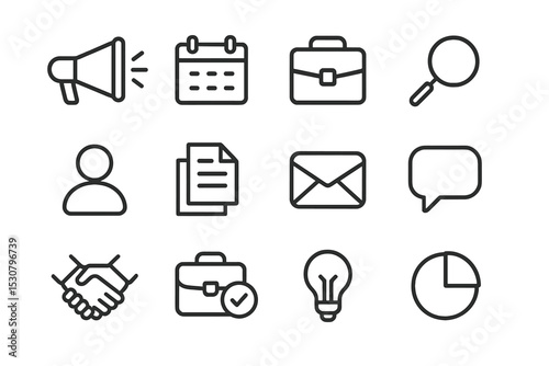 Collection of icons representing various professional activities and communication methods in a modern workspace setting