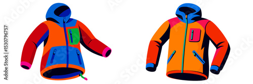 Colorful jackets displayed on a white background showcasing vibrant designs and unique features for outdoor activities