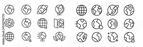 Various globe and map icons representing global themes and navigation in a clean design format suitable for digital content
