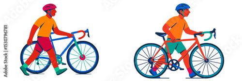 Cyclists preparing to ride bicycles on a bright day, showcasing vibrant colors and active movement in an outdoor environment