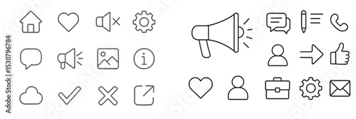 Vector icons representing various digital communication and social media functions on a light background for user interface design