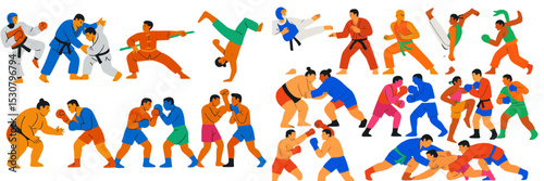 Various martial arts practitioners engaging in different fighting techniques in a vibrant training environment