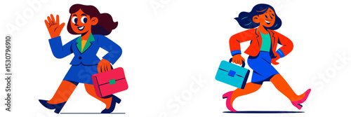 Business professionals walking with briefcases in a colorful office environment during a workday