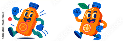 Cheerful orange juice characters engage in playful activities on a vibrant background during a sunny day