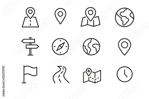 Outline of navigation and travel icons representing various aspects of exploration and mapping techniques for modern travelers