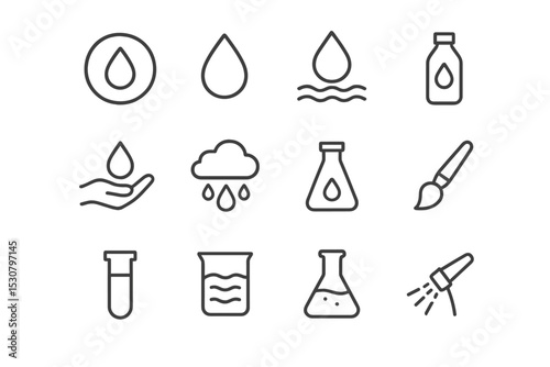 Simple line icons representing water in various forms and scientific contexts for creative projects and designs