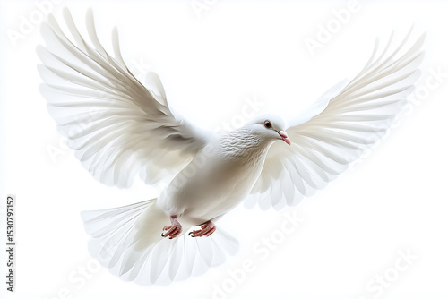 Majestic White Dove in Flight Symbol of Peace and Purity Against a White Background