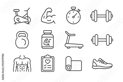 Health and fitness icons representing various workout activities and equipment for a balanced lifestyle