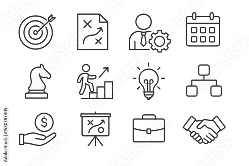 Icons representing business strategy, planning, and growth in a modern workspace