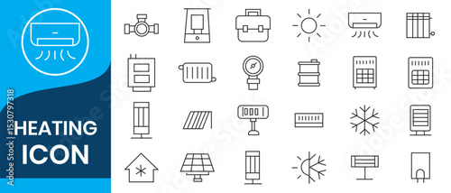 Heating modern icon set. Contain linear symbols temperature, fireplace, hot, heater, boiler, fire, heat and more. Hot icon set. Minimalist vector collections. 