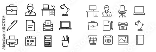 Illustration of office items and professionals featuring various tools and equipment used in everyday work activities
