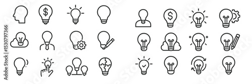 Collection of light bulb icons representing creativity, ideas, and innovation in various styles and contexts