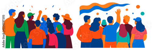 Group of diverse people celebrating together in vibrant colors at a festive outdoor event during sunny daytime