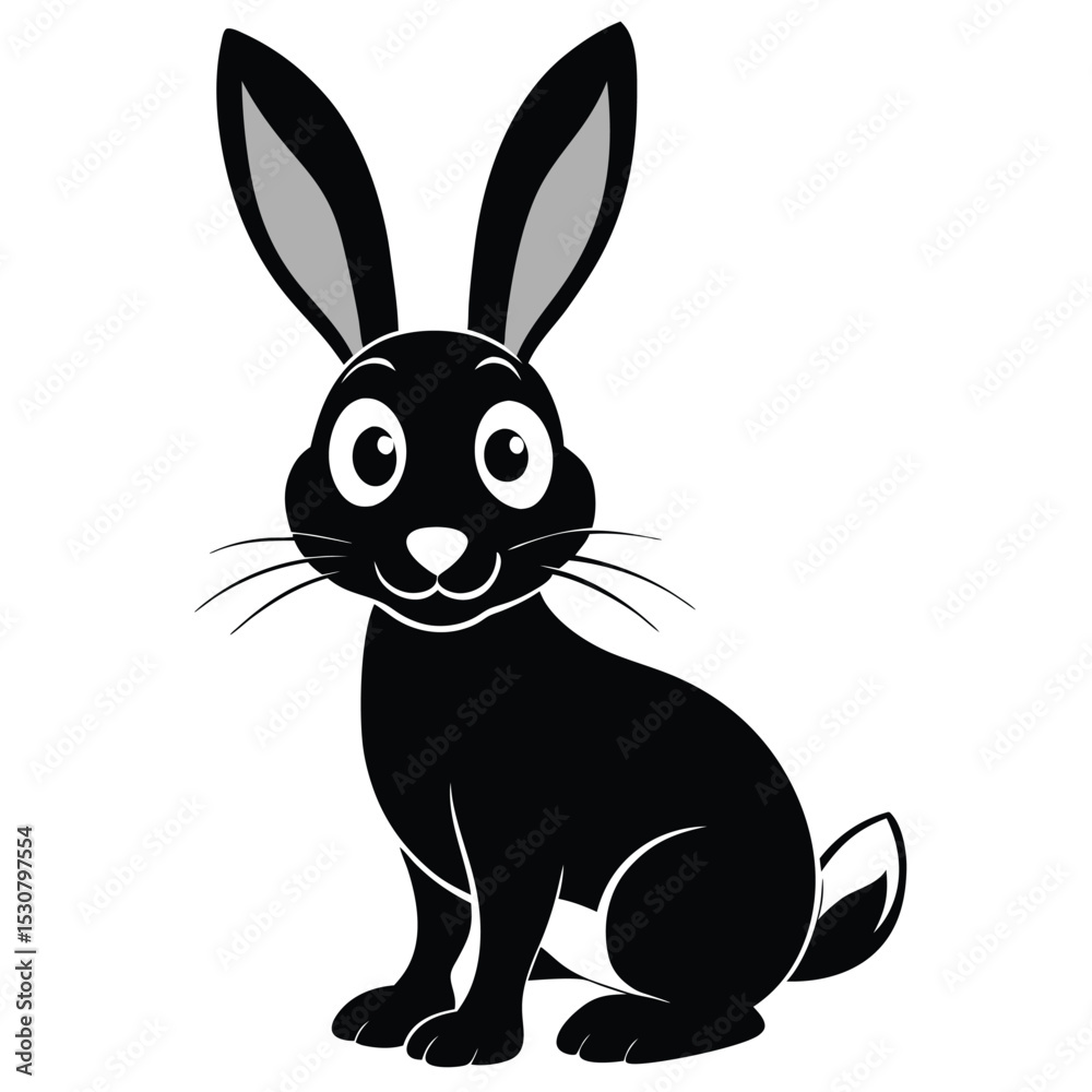 Fototapeta premium Animated black rabbit with big eyes and long ears sits attentively