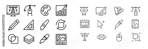 Icons representing graphic design tools and activities in a minimalist style on a white background