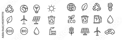 Collection of eco-friendly icons representing sustainability, renewable energy, and environmental conservation efforts