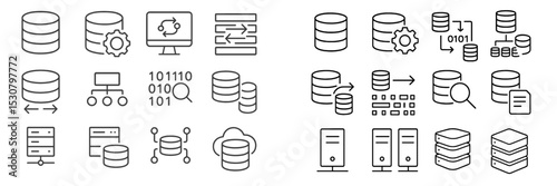 Collection of vector icons representing database technologies and data management concepts in digital format