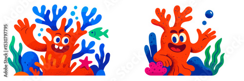 Bright and playful coral reef characters waving underwater with colorful fish and sea plants in a vibrant ocean setting