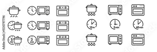 Cooking times and methods illustrated with simple graphics for various kitchen appliances and food preparation techniques