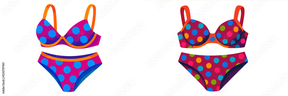 Colorful polka dot swimwear displayed on a white background for summer fashion inspiration Colorful polka dot swimwear displayed on a white background for summer fashion inspiration