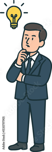 Businessman with Idea A thoughtful businessman in a suit contemplates a bright lightbulb above his head