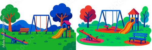 Colorful playground scene with swings and slides in a sunny park setting