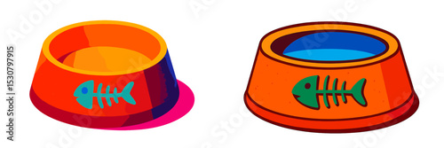 Two colorful pet food bowls side by side displaying playful designs for cats and dogs