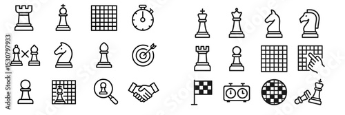 Chess symbols and icons illustrating game elements, strategies, and gameplay dynamics in black and white