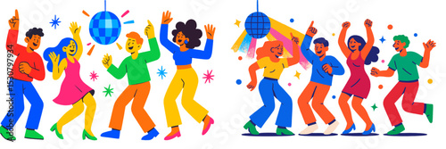 Joyful group of friends dancing together at a vibrant celebration under disco balls