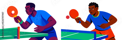 Competitive table tennis players engage in an intense match on a vibrant court during a sunny afternoon