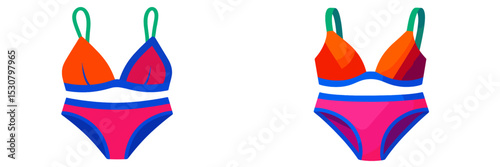 Colorful two-piece swimsuits displayed side by side for summer fashion inspiration