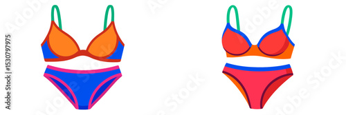 Colorful swimwear designs displayed side by side showcasing unique styles and vibrant patterns ideal for summer beach outings