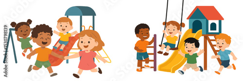 Children playing joyfully at a vibrant playground during a sunny day