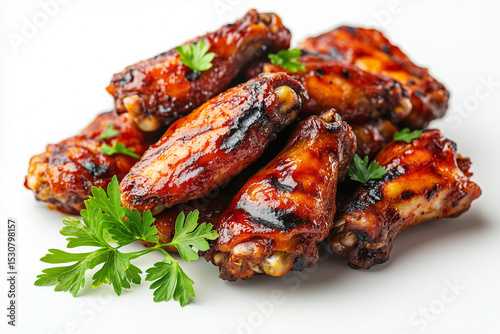 Pile of Delicious Grilled Chicken Wings Garnished with Fresh Parsley on White Background