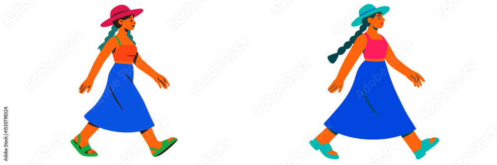 Fototapeta premium Colorful characters strolling in stylish summer outfits at an outdoor location during a sunny day