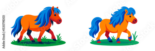 Colorful cartoon ponies walking on green grass in a cheerful landscape during daytime