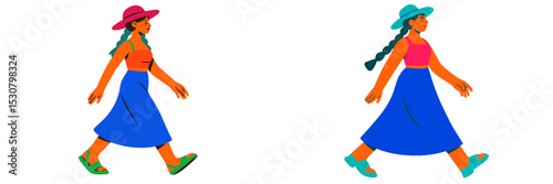 Colorful characters strolling in stylish summer outfits at an outdoor location during a sunny day