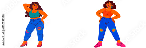 Two confident women modeling trendy casual outfits in a vibrant and artistic style, showcasing diversity and self-expression