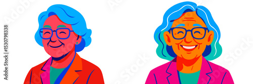 Colorful illustration of a cheerful elderly person with glasses in a vibrant setting during daylight