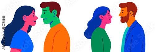 Couples smiling and gazing at each other against a simple background in a warm setting during a joyful moment