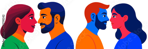 Colorful representation of two couples facing each other in a vibrant and playful style reflecting emotions and connection