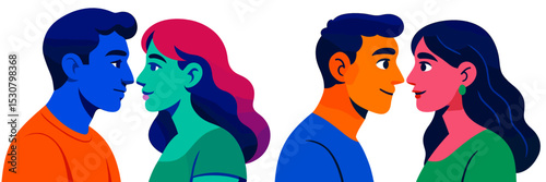 Couples engaged in a joyful moment during a bright and colorful artistic interaction