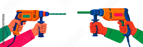 Hands holding colorful electric drills during a DIY project in a bright workspace filled with tools and materials